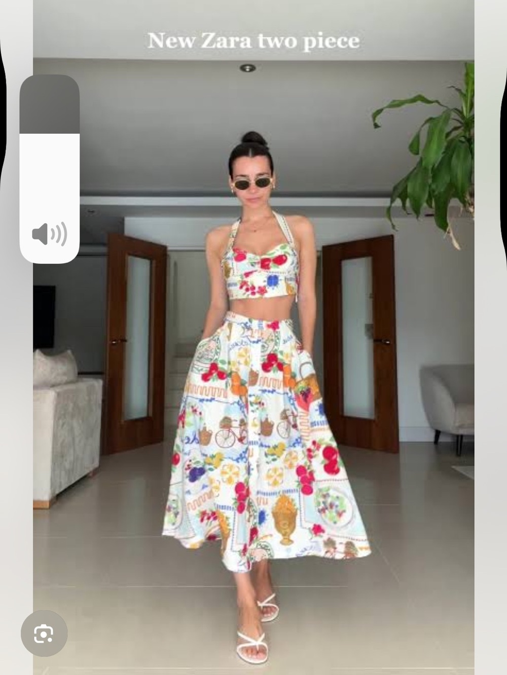 Zara White Multicolor Printed Halter Crop Top & Midi Skirt Set